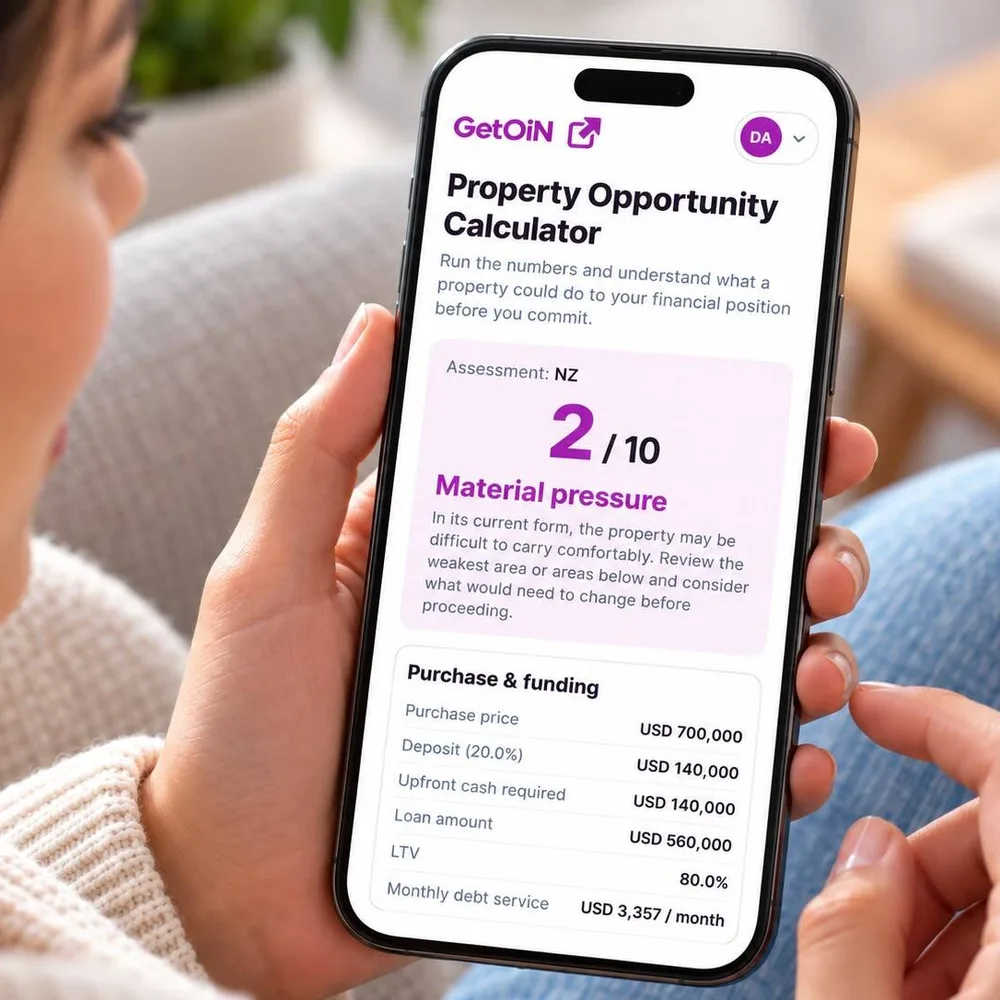 Woman holding a phone showing a GetOiN Property Opportunity Score of 2 out of 10, material pressure